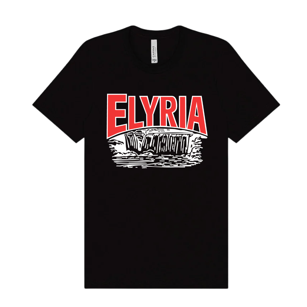 Black t-shirt with 'Elyria in Red and White'