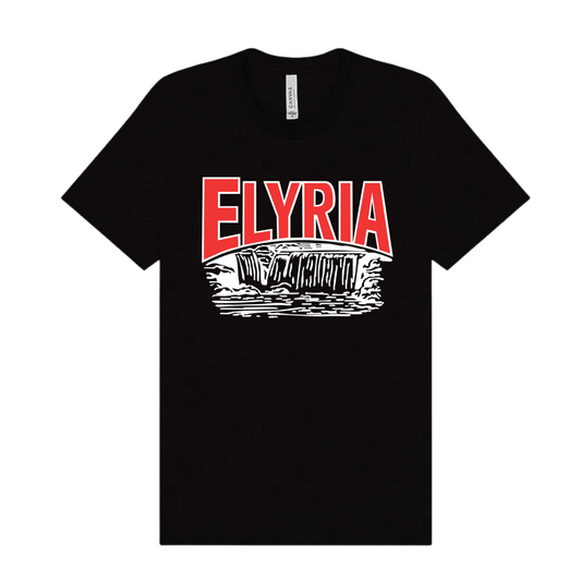 Black t-shirt with 'Elyria in Red and White'