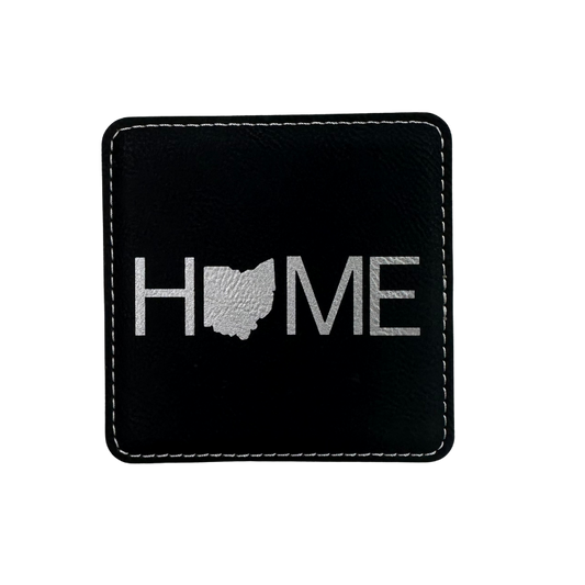 Black leatherette Coasters Engraved with 'HOME' and an Ohio outline design
