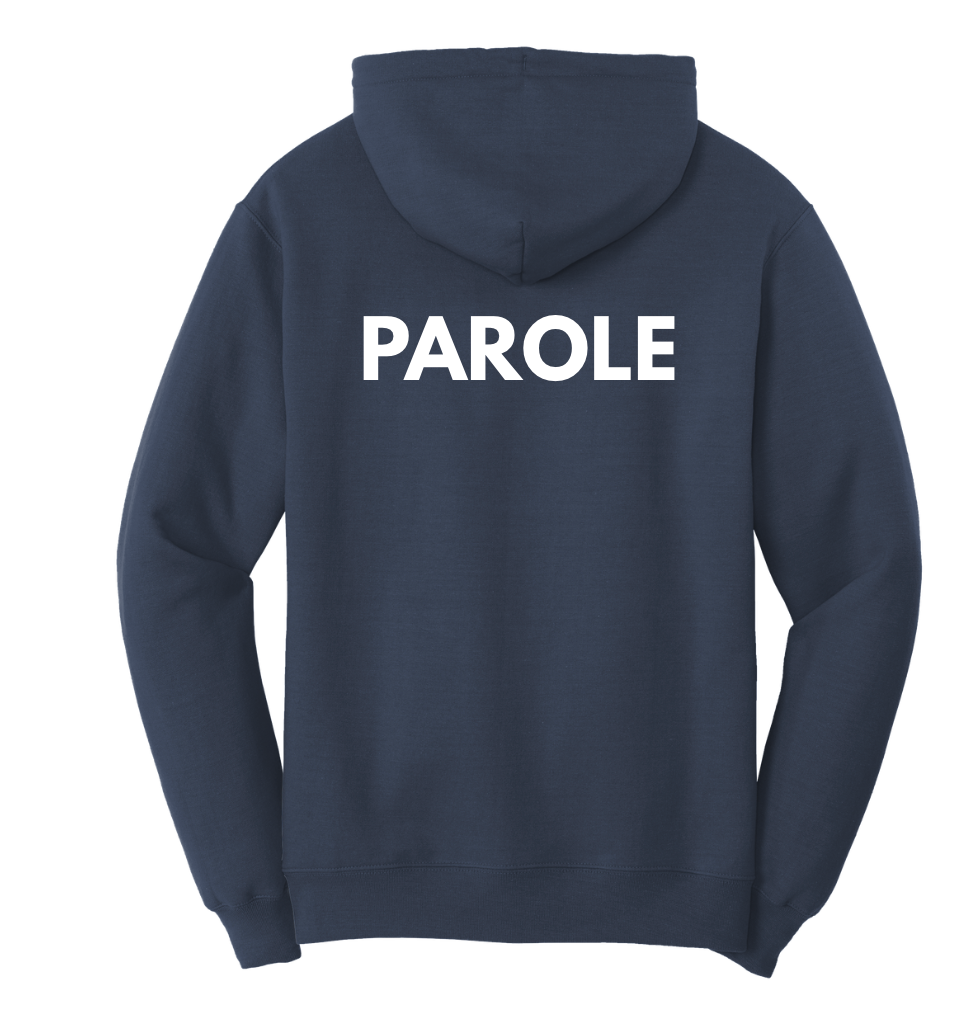 Navy blue hoodie with 'PAROLE' printed on the back
