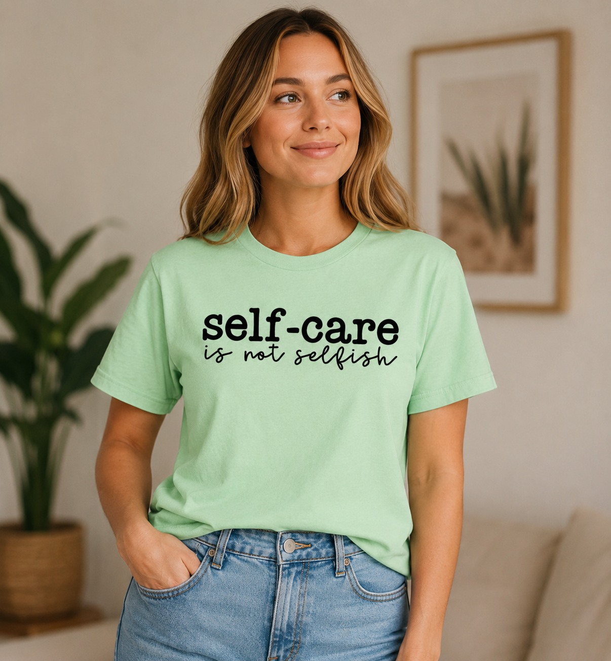 light green t-shirt with 'self-care is not selfish' text in black