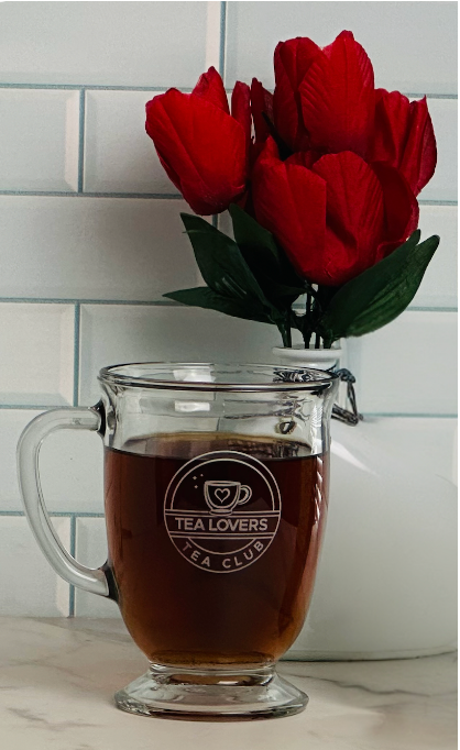Glass mug engraved with Tea Lovers Club Logo