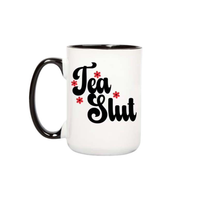 White mug with black text 'Tea Slut' and red flowers on a white background