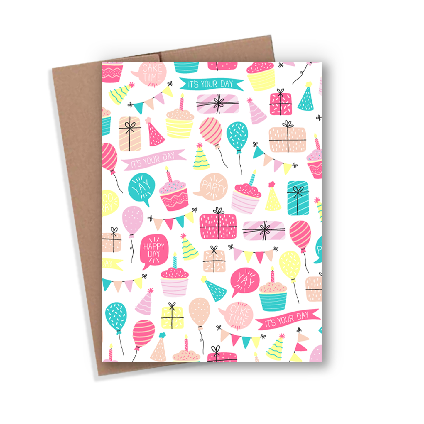Greeting card with birthday-themed illustrations on a white background