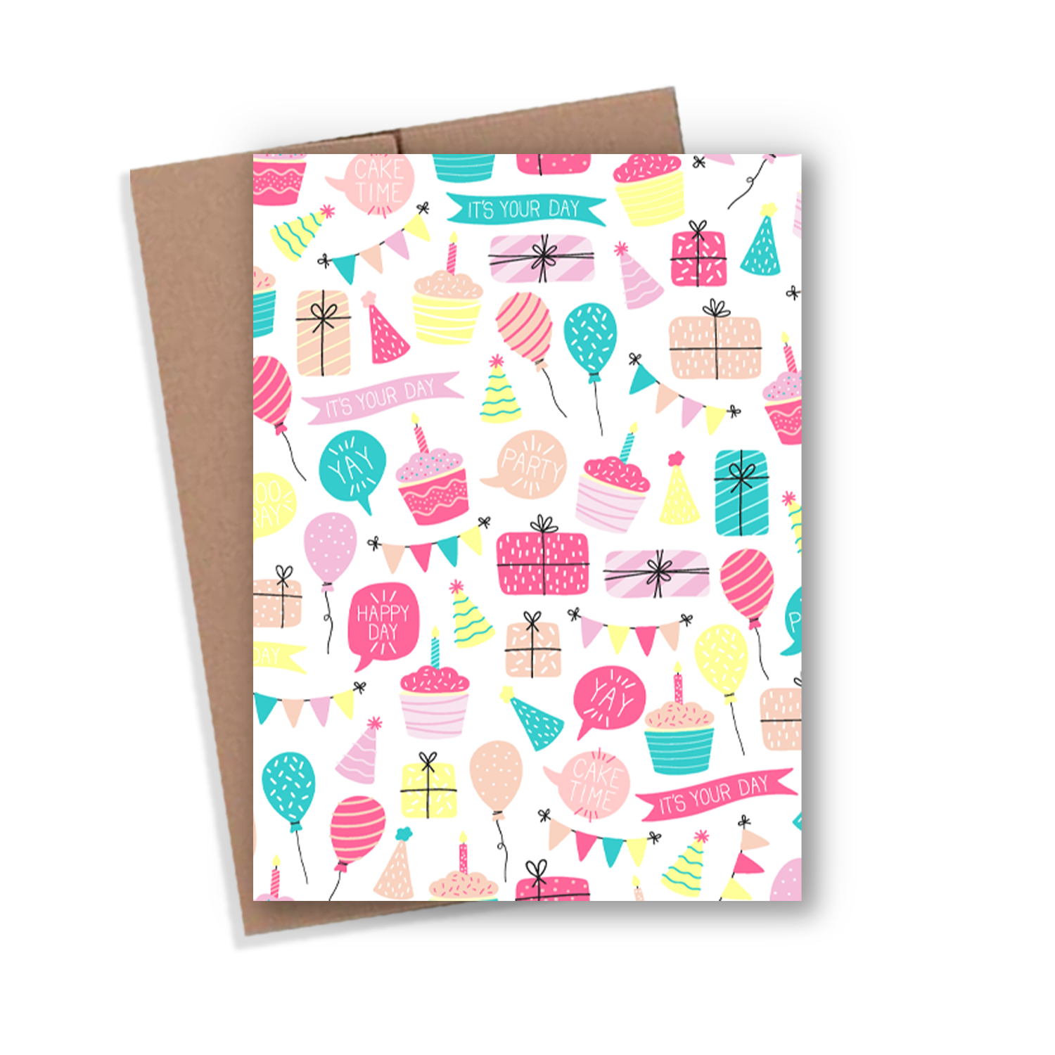 Greeting card with birthday-themed illustrations on a white background