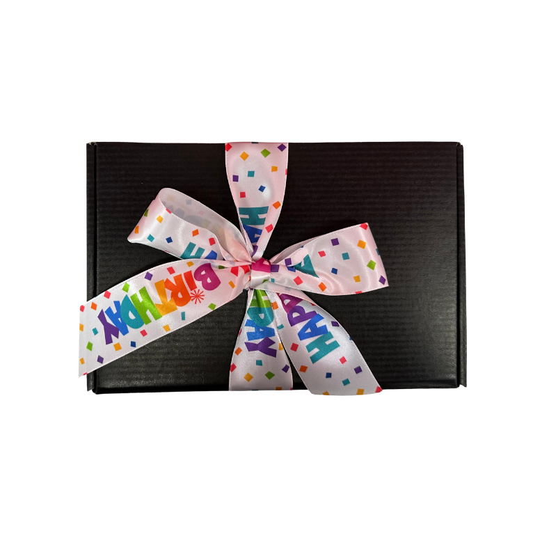 Black gift box with a colorful 'Happy Birthday' ribbon 