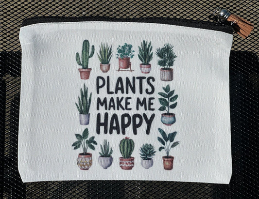 White pouch with plant illustrations and 'Plants Make Me Happy' text 