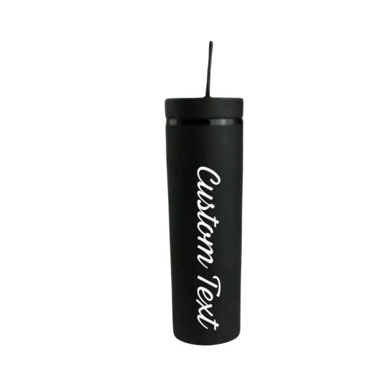 Black tumbler with 'Custom Text' in white vinyl