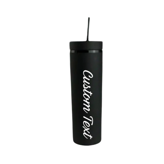 Black tumbler with 'Custom Text' in white vinyl