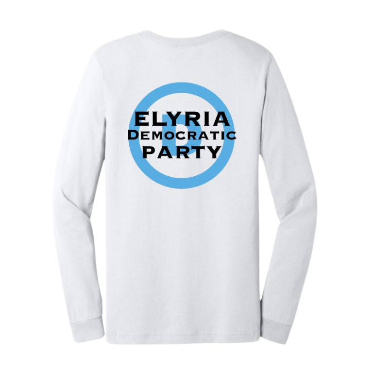 White long-sleeve shirt with 'Elyria Democratic Party on Back
