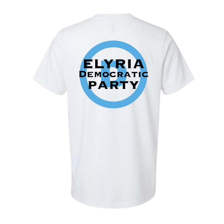 White t-shirt with 'Elyria Democratic Party' logo on Back