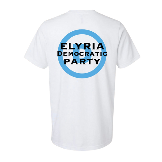 White t-shirt with 'Elyria Democratic Party' logo on Back