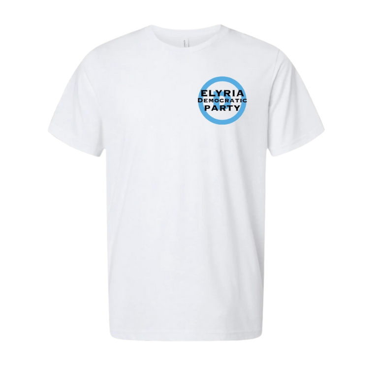 White t-shirt with 'Elyria Democratic Party' logo on front pocket