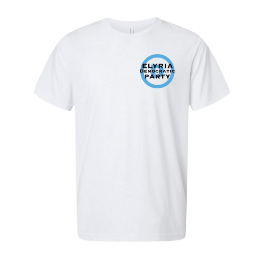White t-shirt with 'Elyria Democratic Party' logo on front pocket