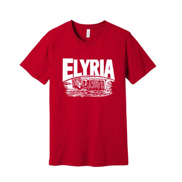 Red t-shirt with Elyria Waterfalls in white