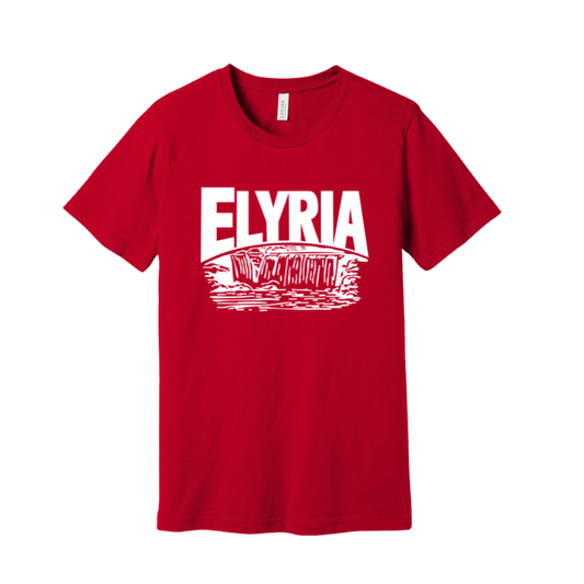 Red t-shirt with Elyria Waterfalls in white