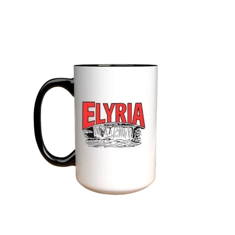 White mug with black handle featuring Elyria in red with Waterfall image in black