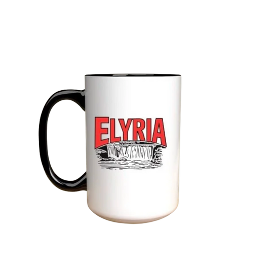 White mug with black handle featuring Elyria in red with Waterfall image in black
