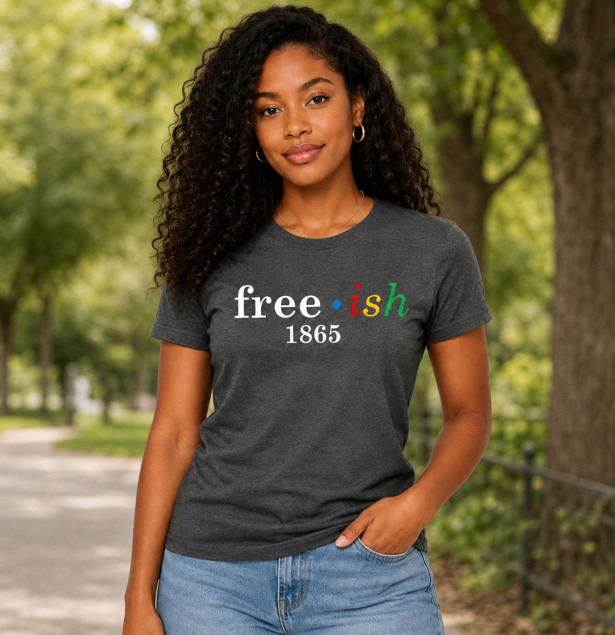 Woman wearing a t-shirt with 'free*ish 1865' t