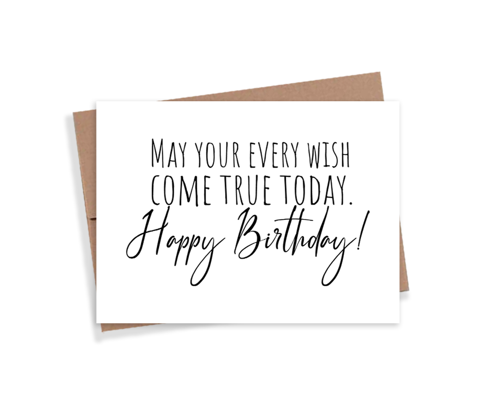 Birthday card with text 'May your every wish come true today. Happy Birthday!' on a white background