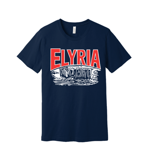 Navy blue t-shirt with 'Elyria in Red and White'