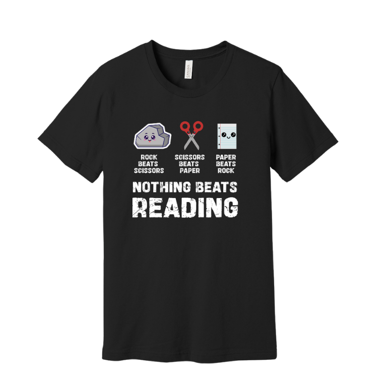 Black t-shirt with rock, paper, scissors graphic and 'Nothing Beats Reading' text 