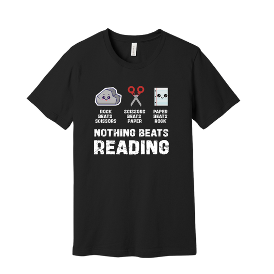 Black t-shirt with rock, paper, scissors graphic and 'Nothing Beats Reading' text 