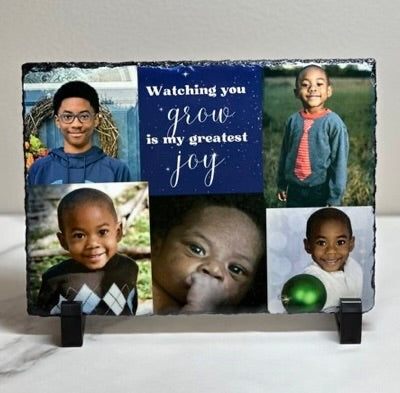 Slate with multiple photos of a child and motivational text 