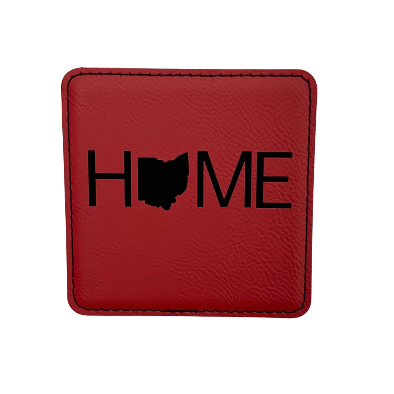 Red leatherette Coasters  Engraved with 'HOME' and an Ohio outline design 