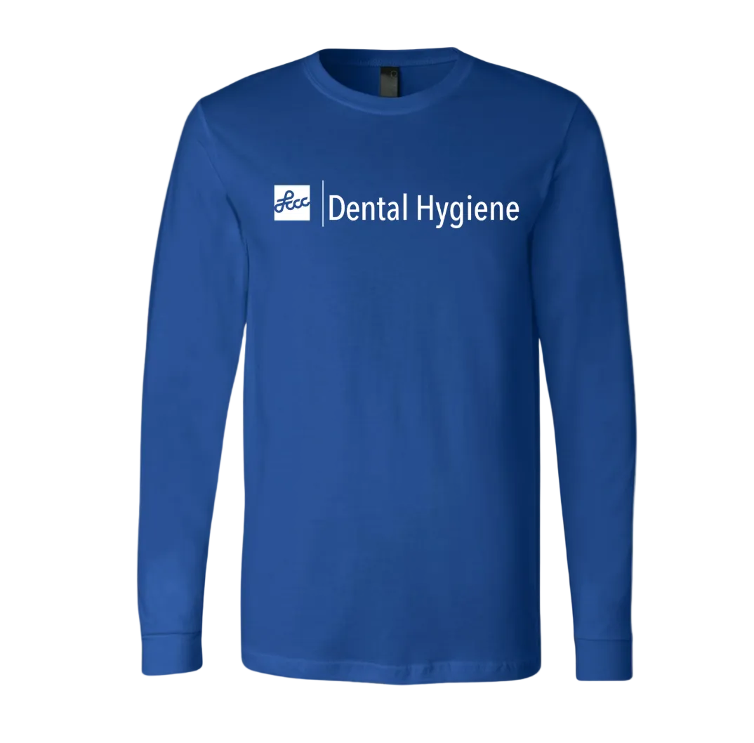 Royal Blue long-sleeve shirt with 'LCCC Dental Hygiene' text in white 