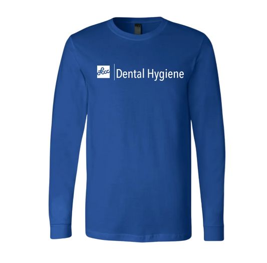 Royal Blue long-sleeve shirt with 'LCCC Dental Hygiene' text in white 