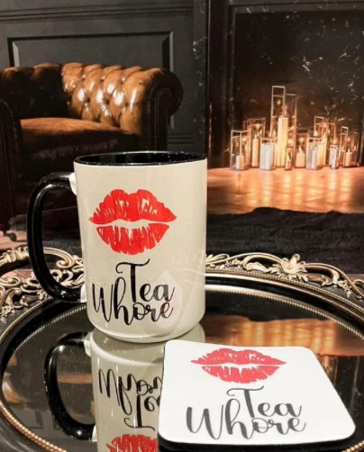 Mug and coaster with 'Tea Whore' text and red lips design 