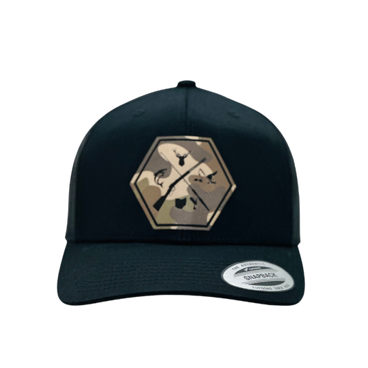Black Trucker Hat with Engraved Camo Patch